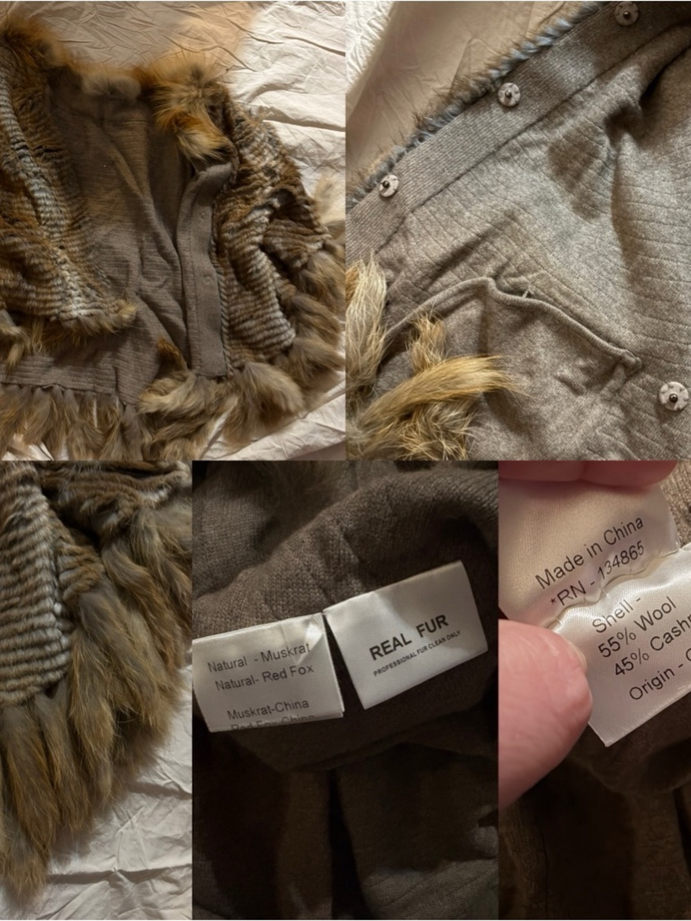 Real Fur Trim Wool Blend Cardigan Jacket - Brown/Tan